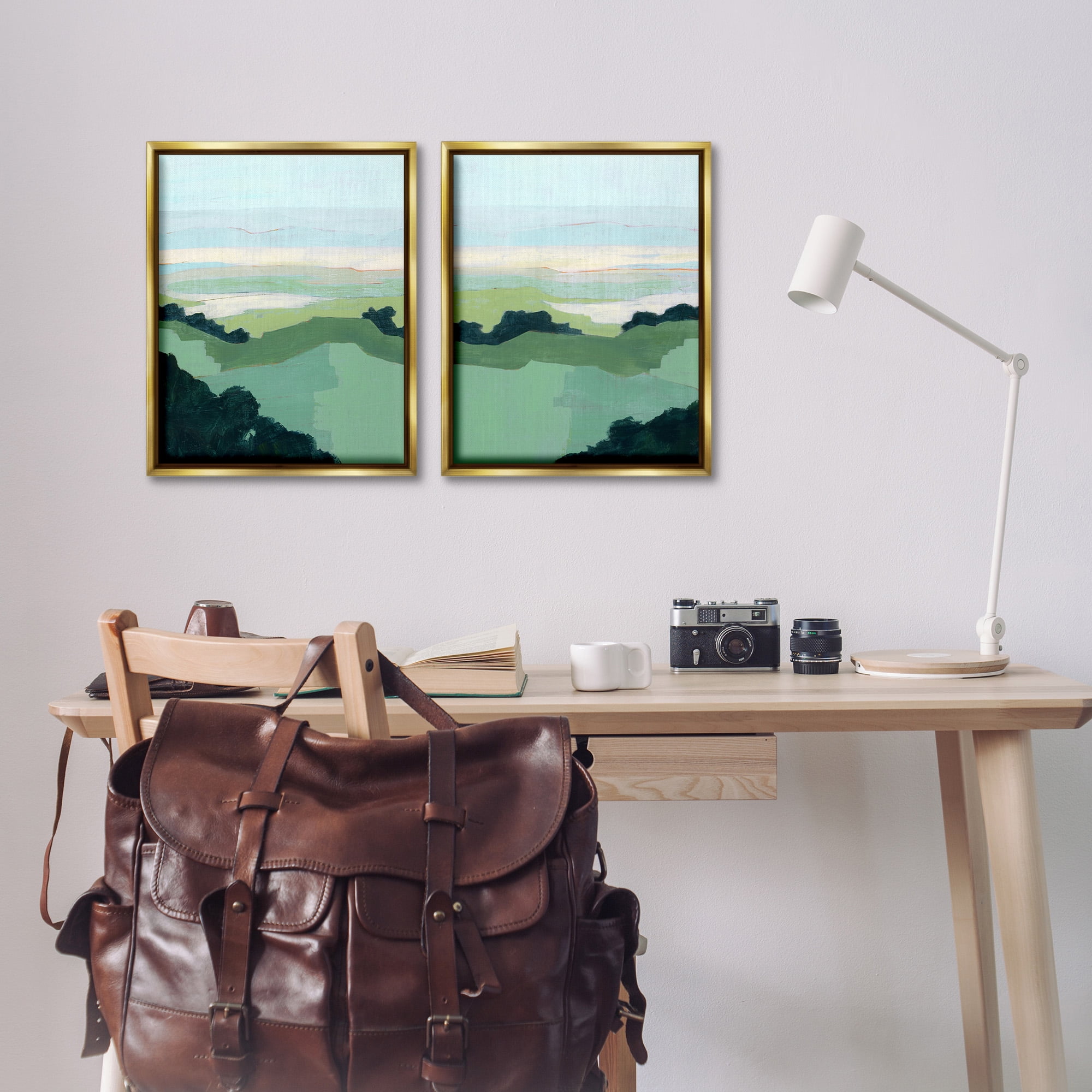 Stupell Industries Hill Side Nautical Landscape Abstract Landscape Painting Gold Floater Framed Canvas Art Print Wall Art, 17 x 21, Set of 2