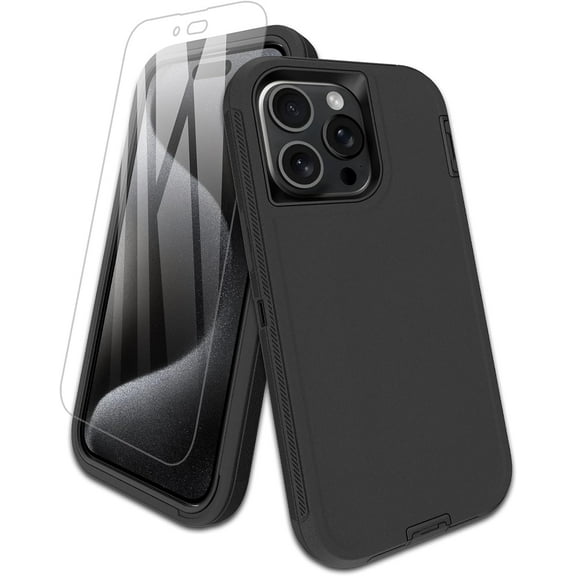 2 in 1 Bundle Designed for Apple iPhone 14 Pro Heavy Duty Case with 1 Clear Tempered Glass, Triple Layer Protection Shockproof Dropproof Dustproof Cover for Apple iPhone 14 Pro, Black