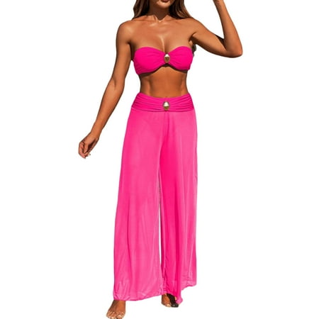 JIANJIA Womens Swimsuits Solid Color Strapless Brassiere With Thongs Long Mesh Pants Beach Swimsuit Three Piece Tankinis Swimwears Beachwear  Pink M