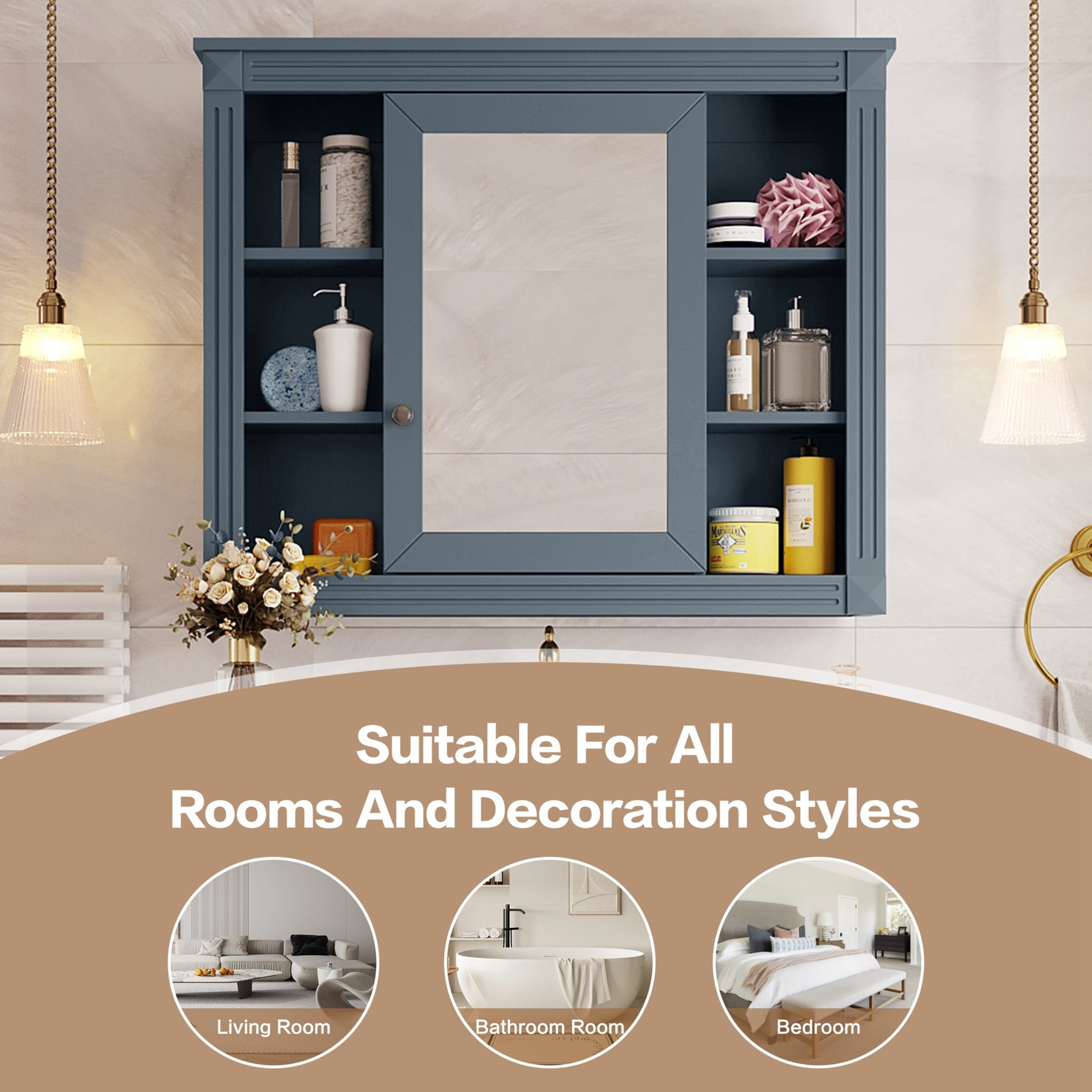 Noble House Wall Mounted Bathroom Mirror Cabinet with Open Shelves, Medicine Storage Cabinet, Blue