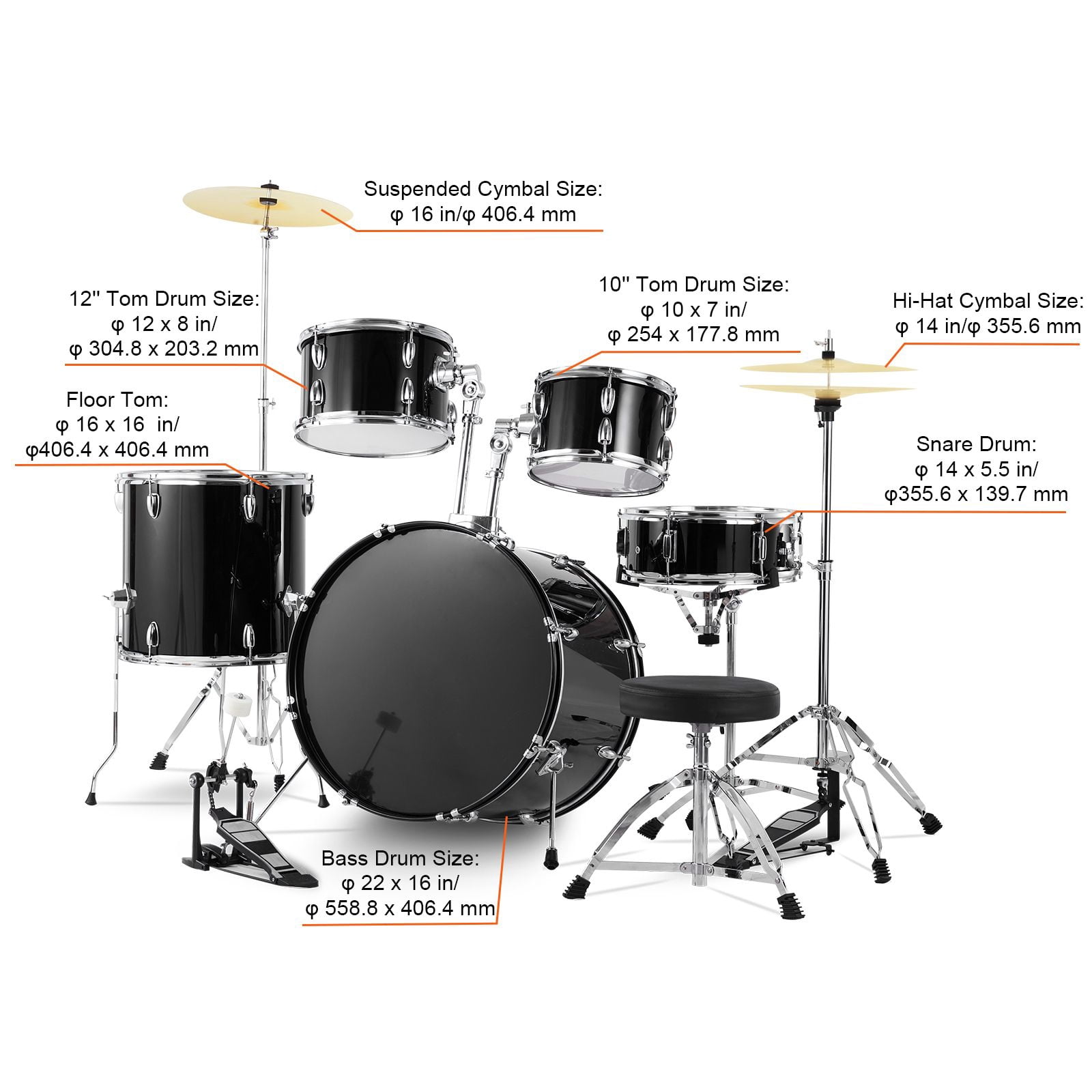 Adult Drum Set, 5-Piece 22 inches Complete Full Size Drum Kit with Bass Toms Snare Floor Drum Adjustable Throne Stands Cymbal Hi-Hat Pedal and Drumsticks, Beginner Drum Kit for Adults, Black