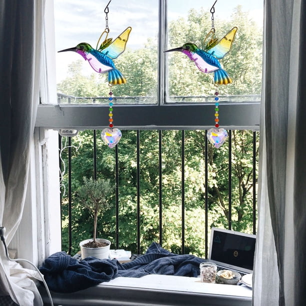 Adornos de colibrí (juego de 2 surtidos) vidriera colgante adorno de colibrí, colgante de prisma interior y exterior,