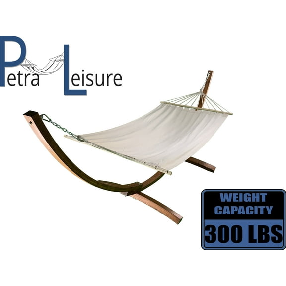Petra Leisure, 12 Ft. Water Treated Wooden Arc Hammock Stand   Premium Quilted, Double Padded Hammock Bed. 1 Person Bed. 300 LB Capacity(Teak Stain/Beige)