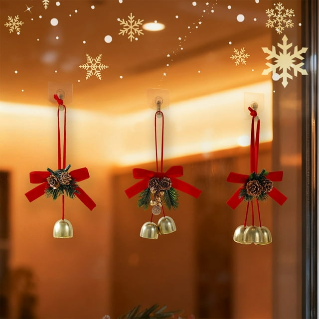 Campana De Hierro Adorno navideño de campanas con lazo de terciopelo, pino artificial para decoración de ventanas, 12 x 23,5 x 2,5 cm, rojo, 1 unidad Rkxzt