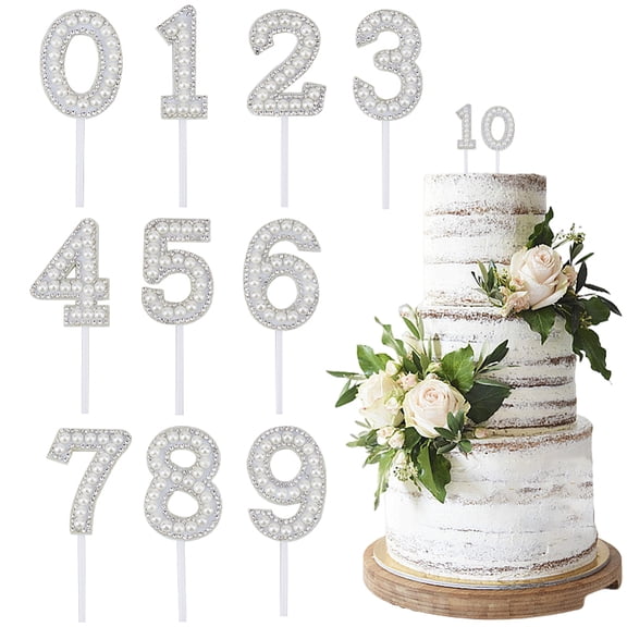 10 Sets Number Cake Topper Imitation Pearl Rhinestone 0-9 Number White Birthday Cake Plug in Decorations DIY