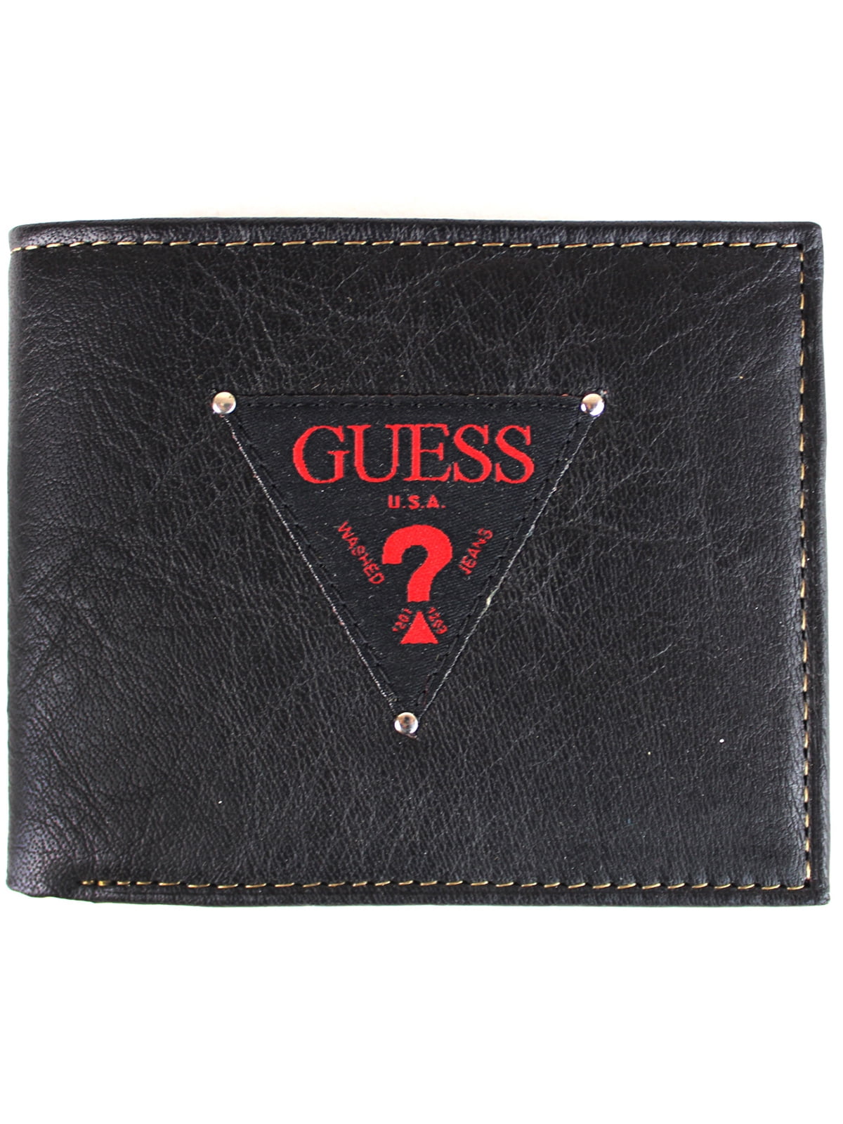 Guess Men's Black & Red Leather Passcase Double Billfold Credit Card