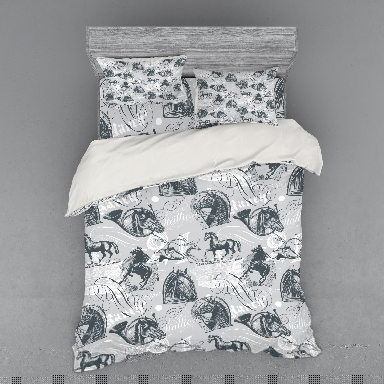 thumbnail image 1 of Ambesonne Grey Bedding Set 4 Pcs, Horse Royal Animal Retro, Queen, Grey White, 1 of 3