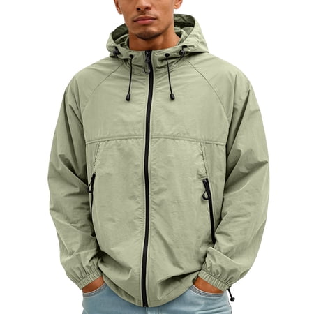 GrmtClth Men s Hooded Windbreaker Jacket Lightweight Full Zip Up Rain Jacket with Pockets Water-Resistant Casual Outerwear Sun Protection Clothing Army Green 2XL