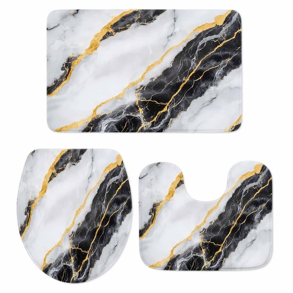 Black Marble Bathroom Rugs Set Abstract Retro Non Slip Absorbent Soft Bath Mats 3 Piece Set with Bathroom Rug, U-Shaped Floor Mat, Toilet Seat Cover Small Size