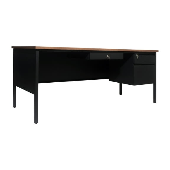 Flash Furniture Commercial Grade 30x70 Right Side Single Pedestal Desk with 3 Locking Drawers, Walnut Top and Black Frame