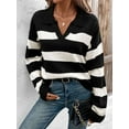 thumbnail image 2 of Women'S Sweater Loose Long-Sleeved Lapel Knitted Top Sweater Striped Contrast Color Pullover Black S, 2 of 8