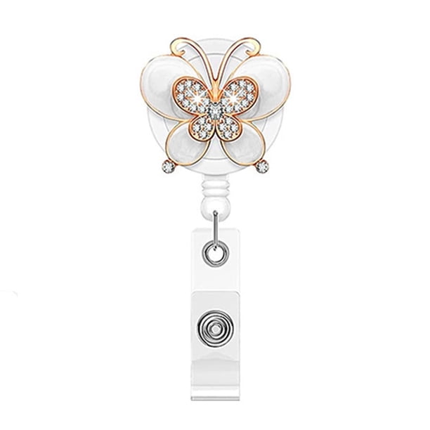 Porta credencial de identificación con clip, resistente, retráctil, con diseño de mariposas de diamantes de imitación, carrete para credencial, joyería de moda