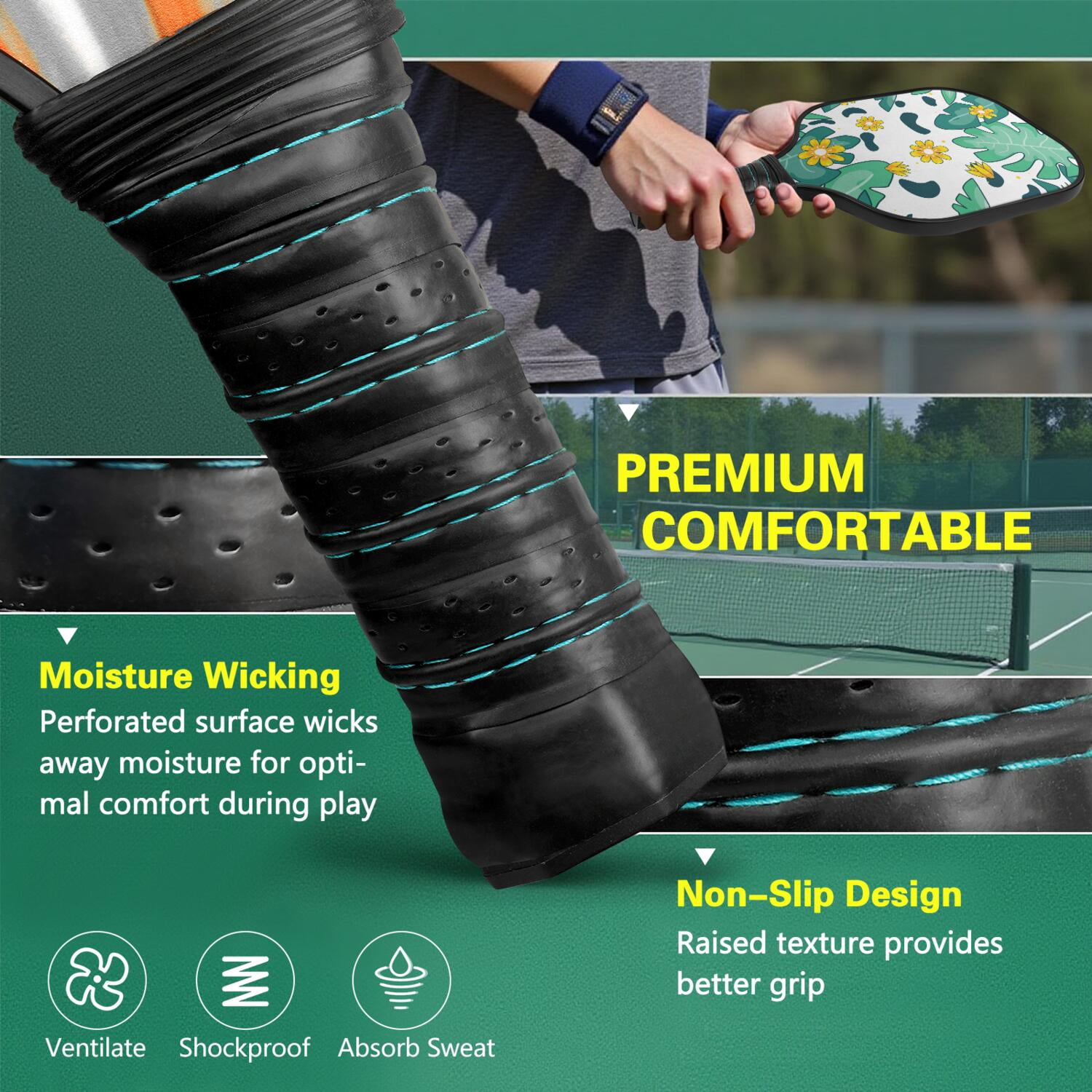Pickleball Paddles Set Of 1, Fiberglass Surface, Tropical Leaf Print, 1 Paddle, 2 Balls & Bag