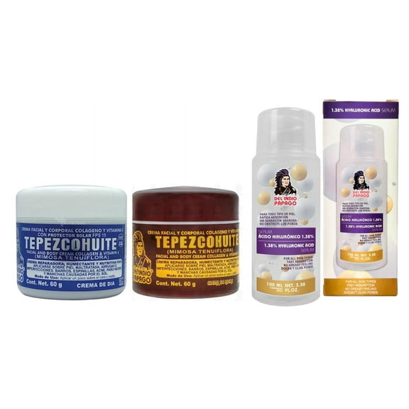 Del Indio Papago Tepezcohuite Day   Night creams (2oz)   Hyaluronic Acid Serum (3.38 Fl Oz) SUPER COMBO!!!