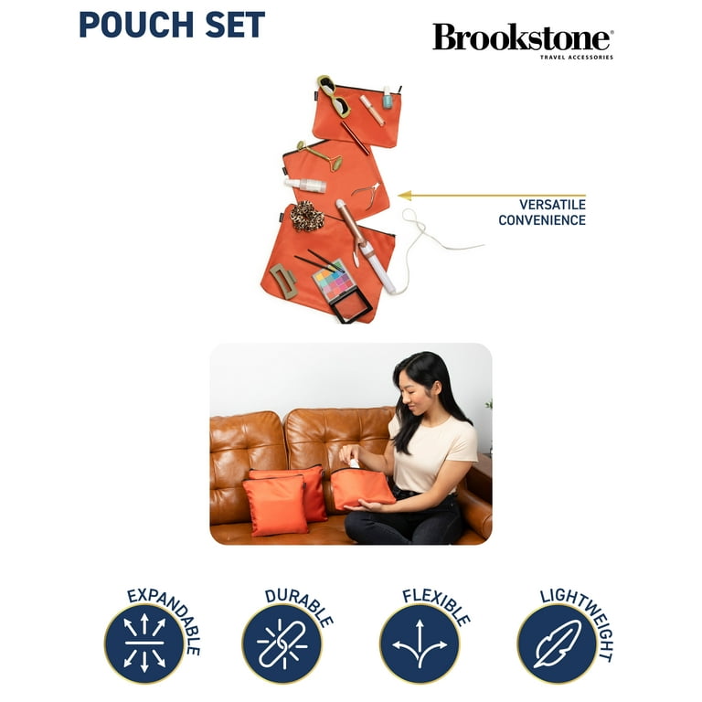 Brookstone 3 Piece Travel Pouch Set Tear Resistant Multi Functional Zipper Ripstop Cosmetic Accessory and Toiletry Pouches