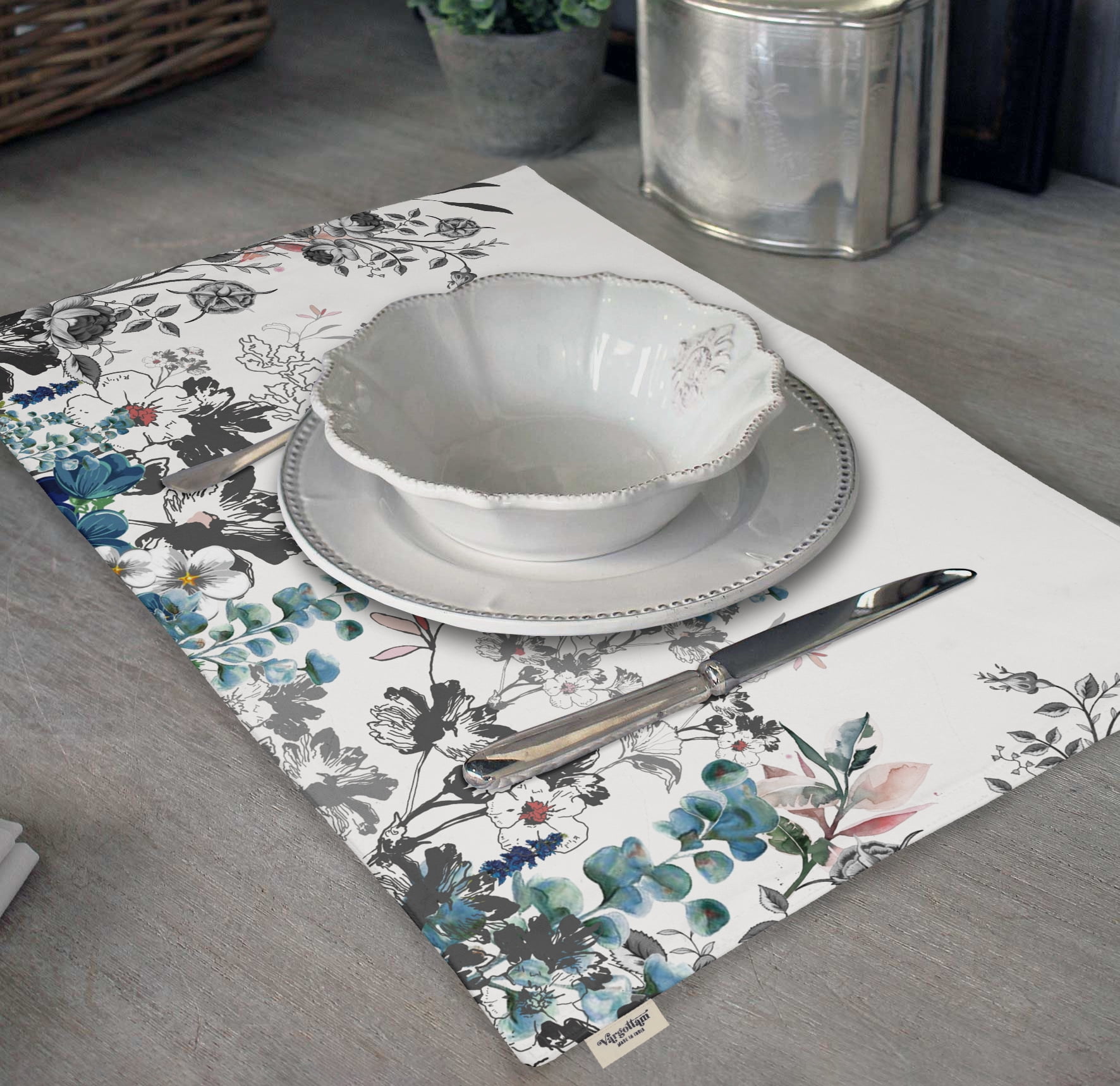 Vargottam Placemats- Placemat For Dining Table, Set Of 4- Printed & Reversible CottonNapkin-IndoorPlacematsFor Home & Kitchen Dining Table- Watercolor Flowers (Blue & Gray)