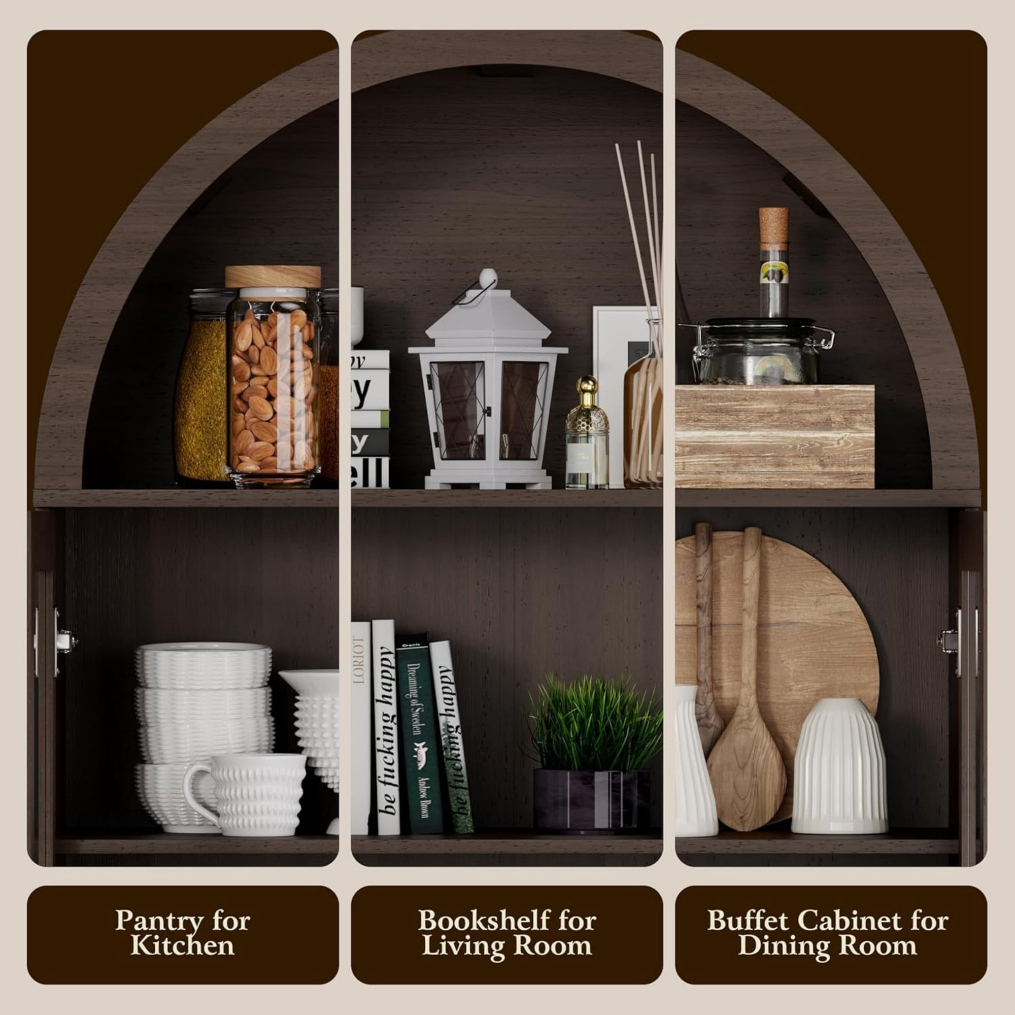 71 Inch Arched Cabinet with Glass Sliding Doors, Fluted Tall Pantry Cabinet with Adjustable Shelves, Coffee
