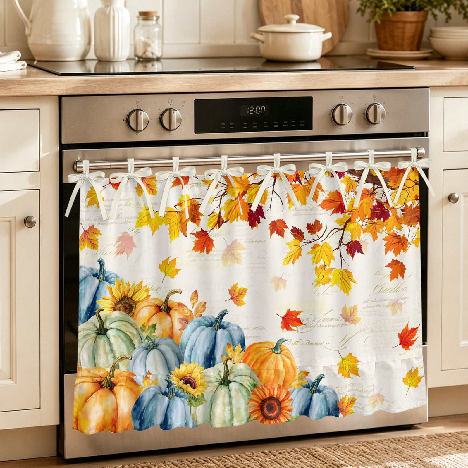 Oven Curtain for Kitchen Retro Thanksgiving Pumpkins Stove Curtain With Ruffled Trim Dishwasher Curtains Fall Maple Leaf on Letter Oven Skirt 27 x20