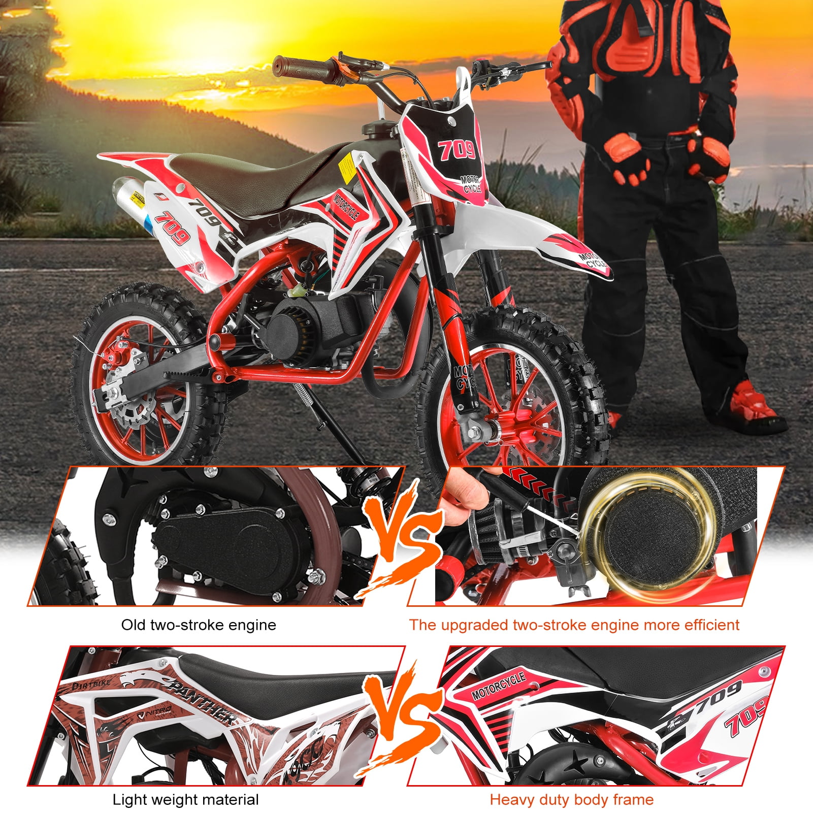 Meoldis 49cc Kids Dirt Bike - 2-Stroke Gas Powered Mini Motorcycle for Boys & Girls 8-14 Years, Off-Road Motocross Bike with Dual Disc Brakes & 10" Tires (Max 30KM/H, 150kg Capacity)