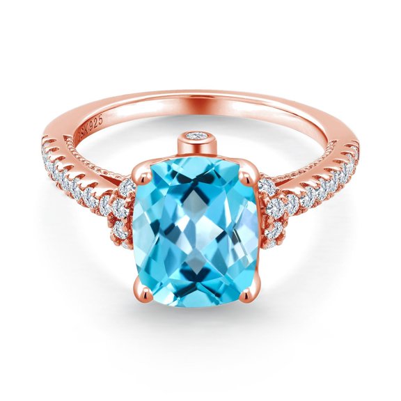 Gem Stone King 18K Rose Gold Plated Silver Swiss Blue Topaz and White Created Sapphire Ring for Women (4.00 Cttw, Gemstone Birthstone, Size 9)
