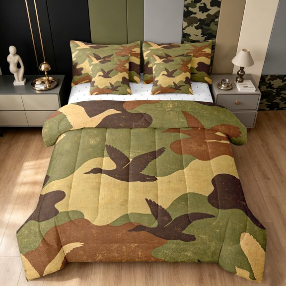 Manfei Jungle Duck Animal Twin Bedding, Mid Century Camouflage Bedding Comforter Set, Woodland Green, Reversible, 7pcs