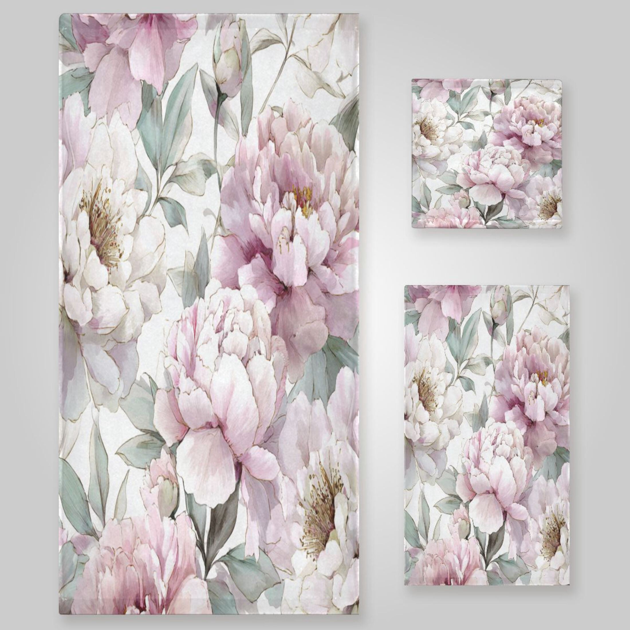3 Pack Towel Set - Bath Towel, Hand Towel & Washcloth for Daily Household Use Watercolor Peony Garden