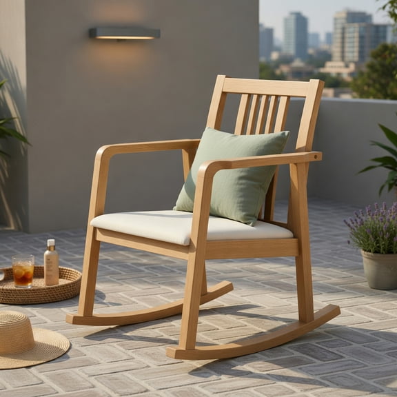 Hommoo Rubber Wood Rocking Chair with Slatted Back, Curved Armrests & Linen Upholstery, Ergonomic Indoor/Outdoor Relaxation Chair, Natural