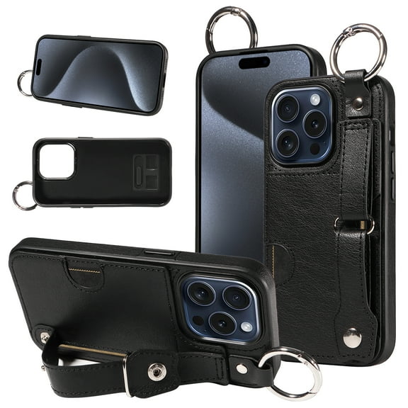 SaniMore Case for iPhone 13 Pro, PU Leather Durable [Back Card Slots] Wristlet Kickstand Buckle Protective Bumper Cover Shockproof Anti-fall/Anti-scratch for Ladies, Black