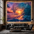 thumbnail image 5 of Curling Wave Over Tropical Sunset Seascape with Palm Trees, Dramatic Digital Art for Ocean Lovers, Coastal Beach Decor, Housewarming Gift Tapestry Wall Hanging for Bedroom and Living Room, 5 of 6