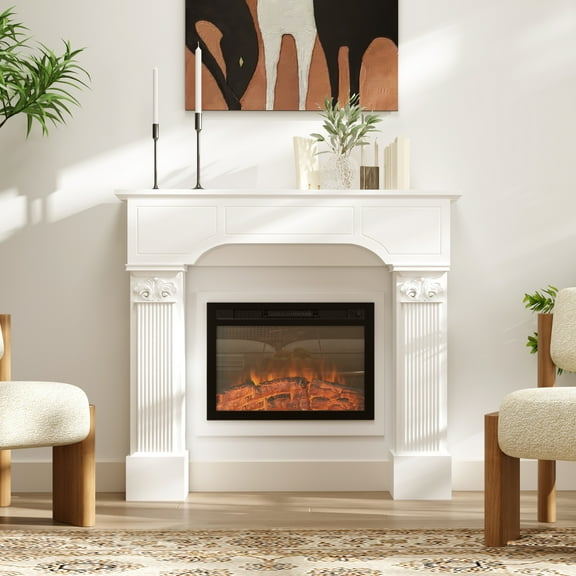 HOMCOM Baroque Fireplace Mantel, Freestanding Fireplace Surround with Ionic Leg for Electric Fireplaces, 43.3" W x 42.8" H, White