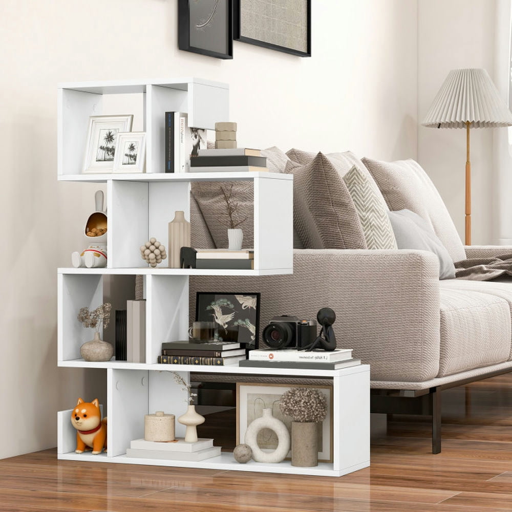 GVN Bookcases,5-Tier S-Shaped Bookshelf Geometric Z-Shelf Bookcase with Open Cubes-White