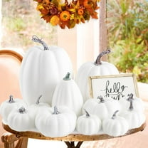 12Pcs Vivid Artificial Pumpkins Set, Large Foam Pumpkins, Party Decoration, Assorted, for Fall Thanksgiving Halloween Holiday Decor Autumn White
