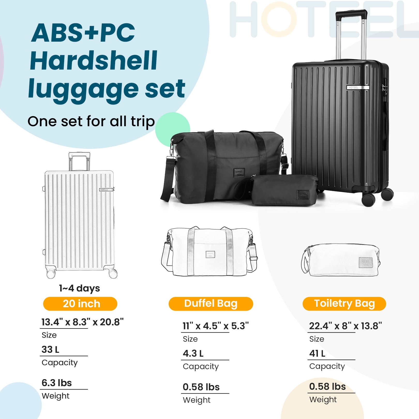 HOTEEL 20in Luggage Sets 3 Piece, PC Hardshell Suitcase with Spinner Wheels TSA Lock, Lightweight Travel Carry on Luggages with Luggage Bag&Toiletry Bag for Women and Men