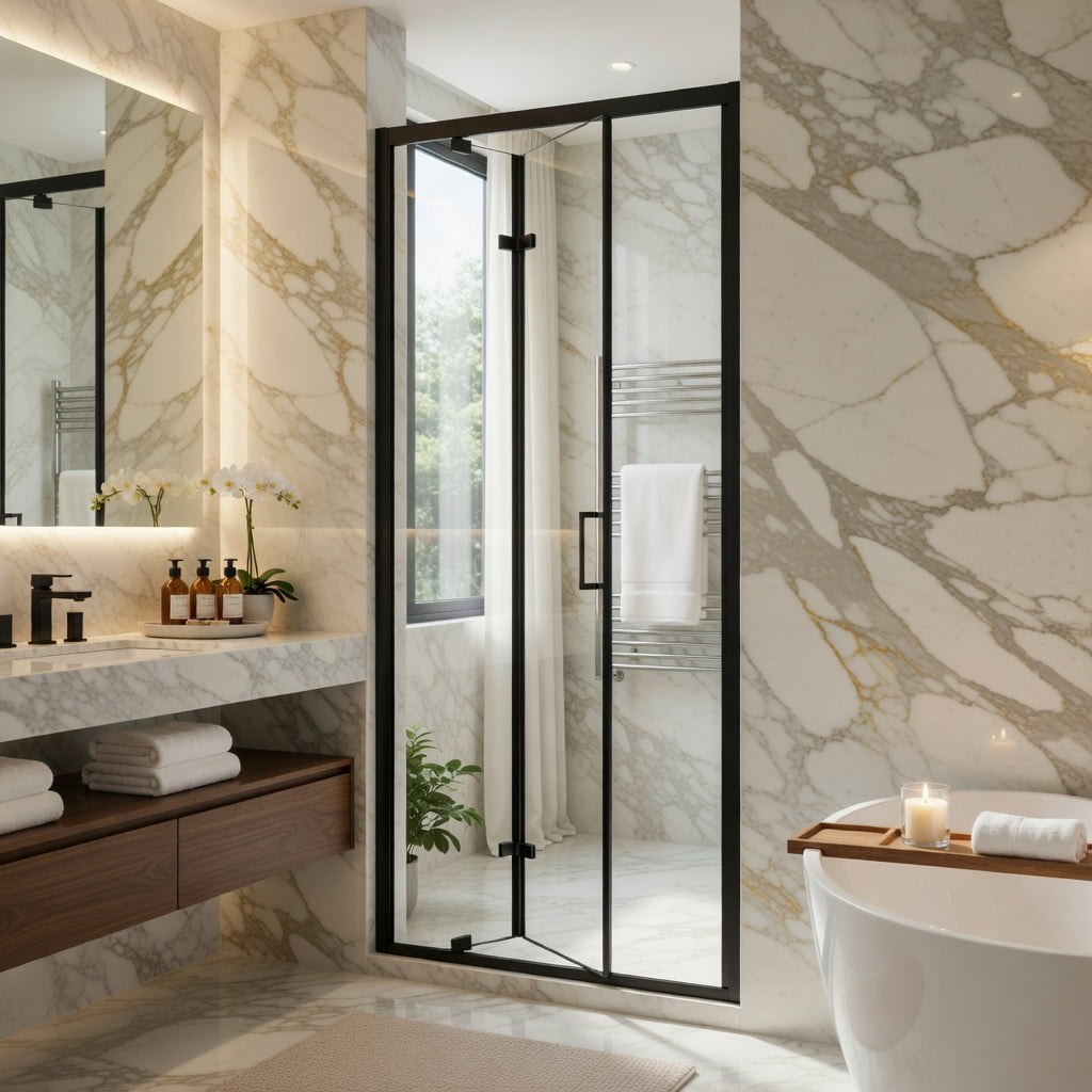 Hommoo Framed Bi-Fold Pivot Shower Door 32" x 72", Aluminum Frame, 1/4" Tempered Glass, Reversible Left/Right Installation, Space-Saving Folding Shower Enclosure, Black & Transparent