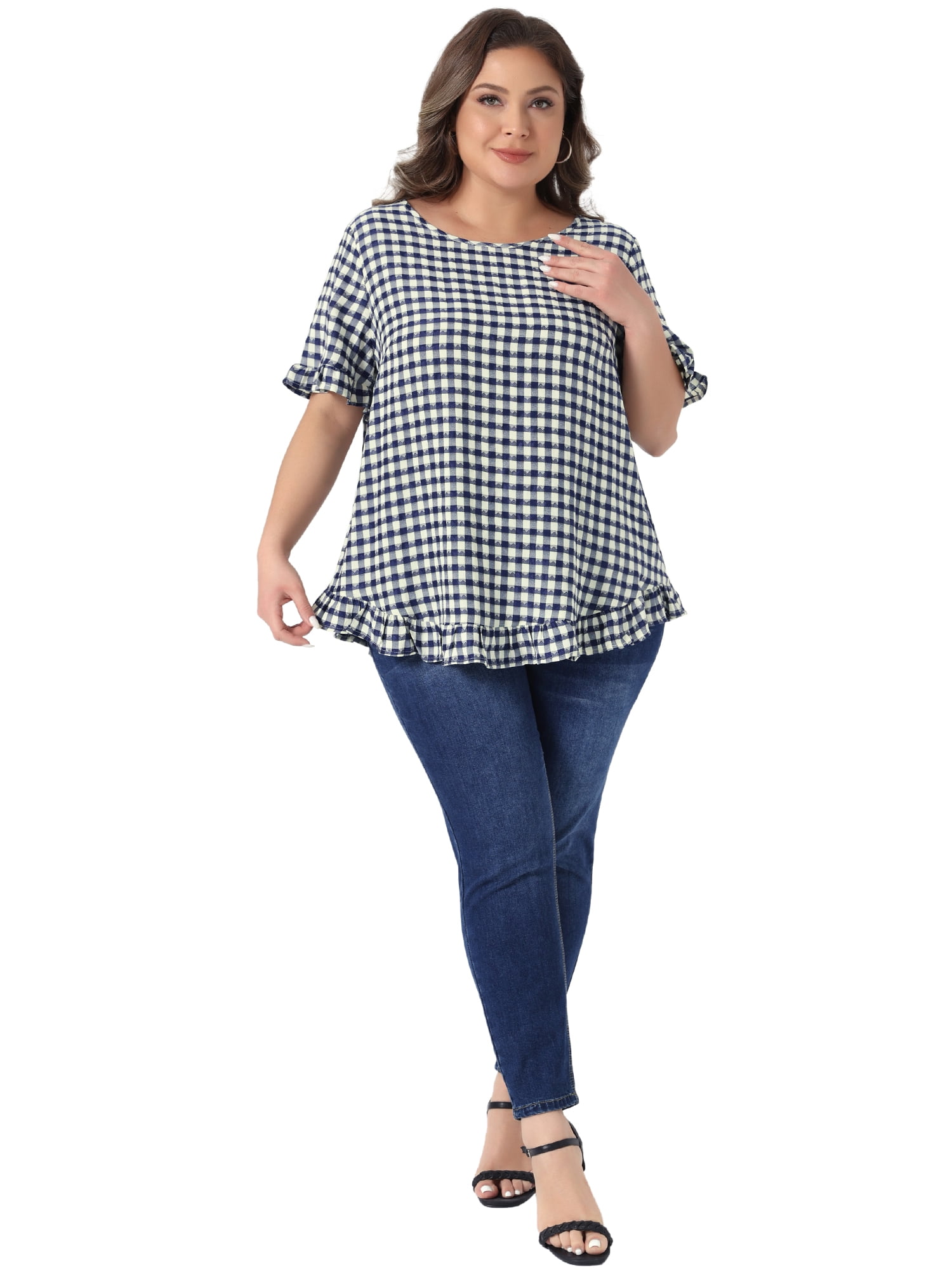DARING DIVA Women's Plus Gingham 1950s Plaid Round Neck Tops 2X Navy Blue