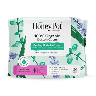 Honey Pot 100% Organic Cotton Cover Cooling Herbal Infusion Regular Pads, 20 Count