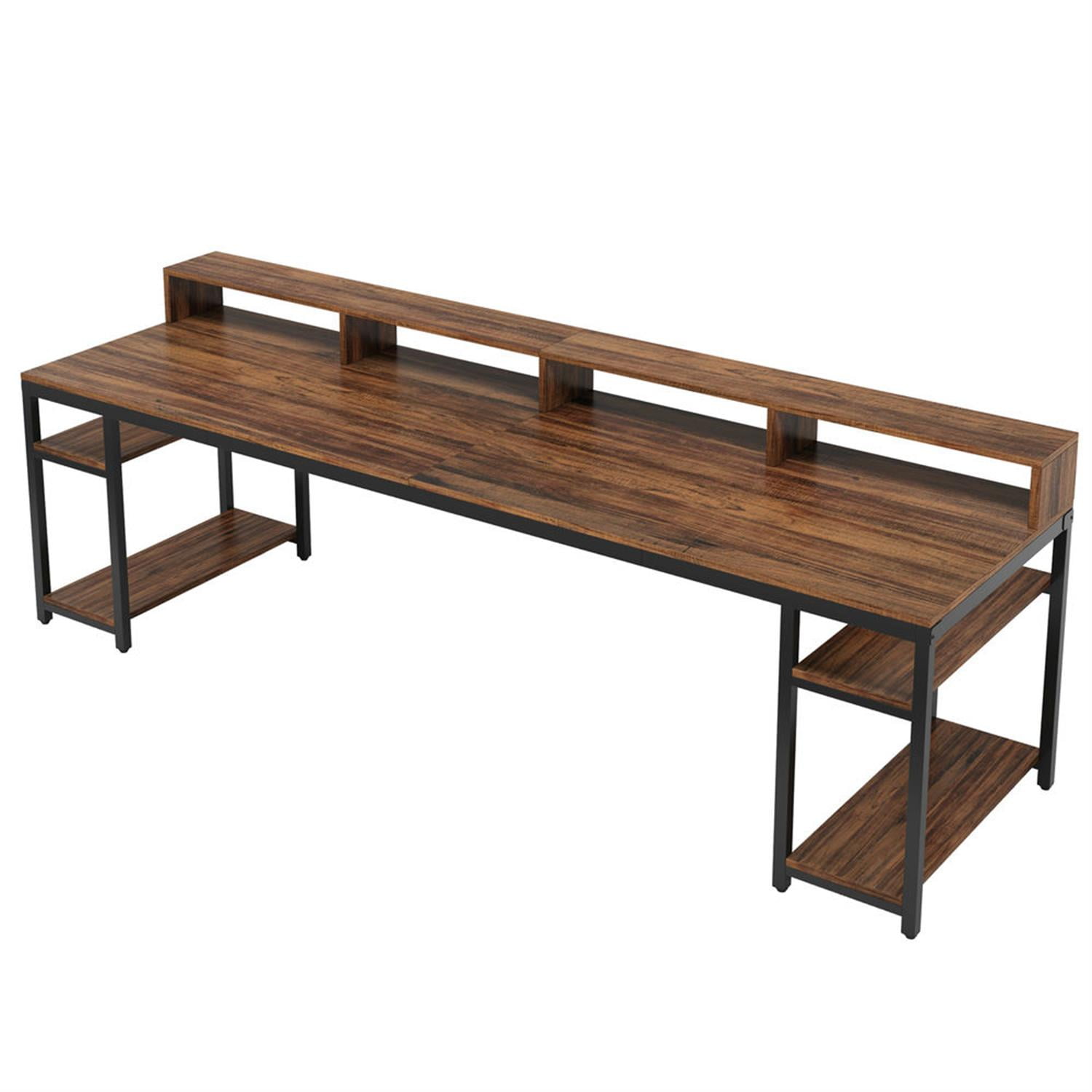 Demi Bonn 78"dustrial Two Computer Desk with Monitor Stand and 4 Open Shelf, Modern Double Study Writing Gaming Table for Home Office, Brown