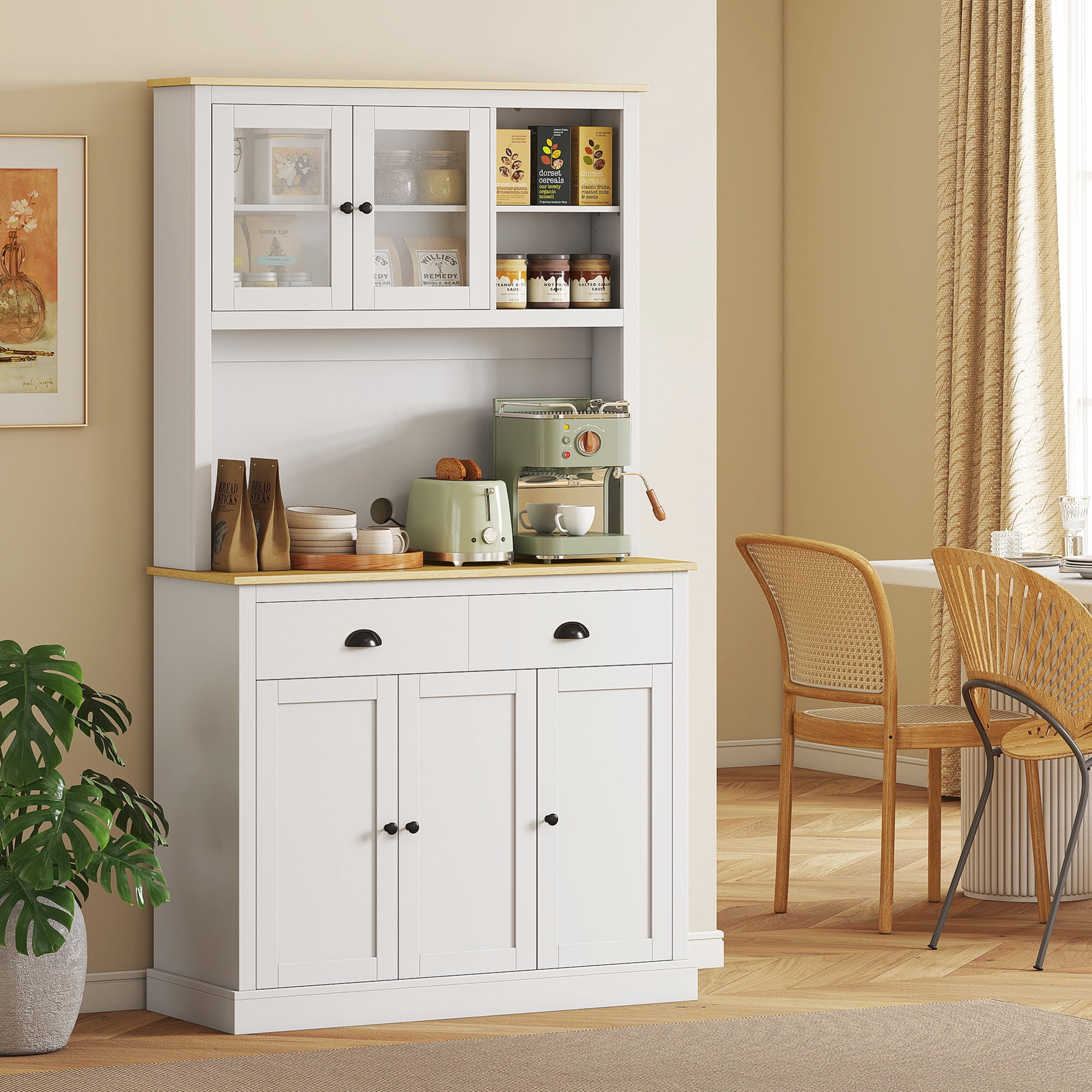 HOMCOM Freestanding Kitchen Cabinet with Wide Countertop, Tall Pantry Cabinet with Adjustable Shelves, Modern Hutch for Dining Room, White