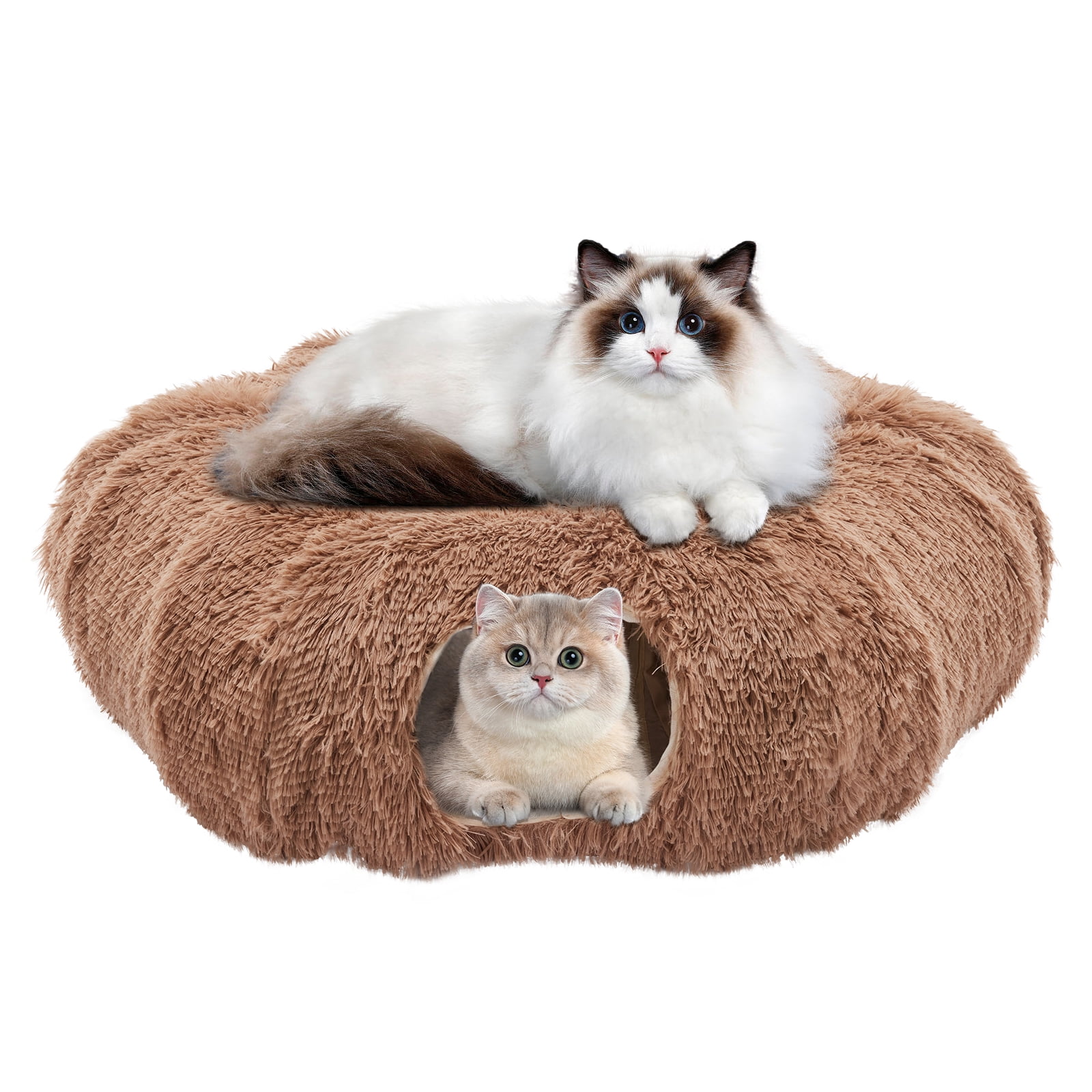 LIFERECORD Cat Tunnel with Cat Bed for Indoor Cats, Under Christmas Tree Soft Plush Peekaboo Cat Cave Donut Tunnel, Multifunctional Playground Toys Hideplace for Kittens, Rabbit - Brown