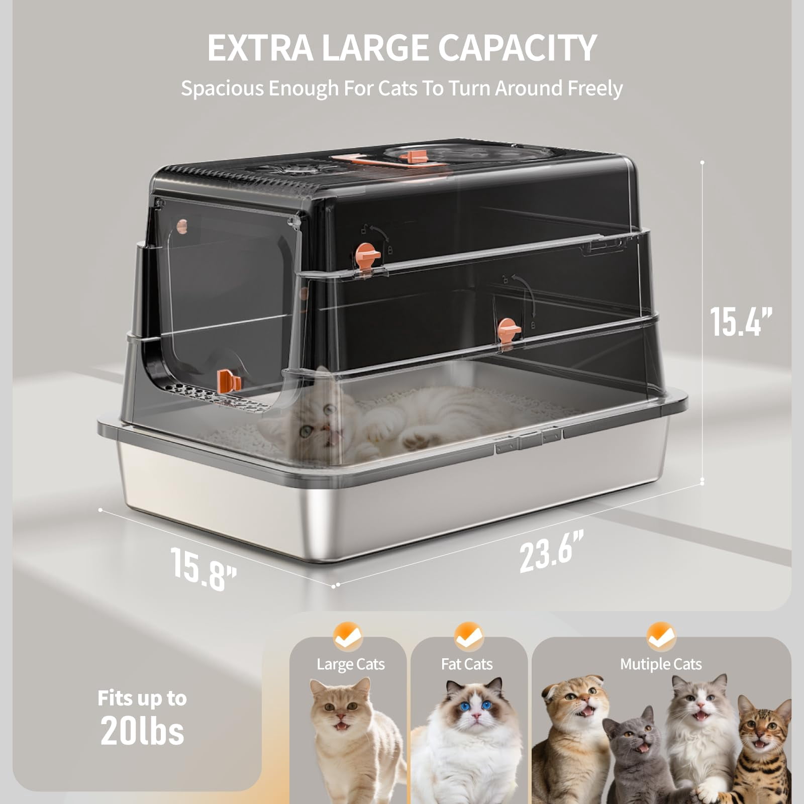 Stainless Steel Cat Litter Box Black X-Large Enclosed High Sides with Flip Lid