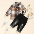 thumbnail image 2 of Baby Flannel Shirt Boy Outfits Boy Clothes Fall Winter Outfits Long Sleeve Plaid Patchwork Button Down Shirt + Casual Jeans Khaki 6-9 Months, 2 of 9