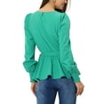 thumbnail image 3 of INSPIRE CHIC Women's Casual Work Top Puff Sleeve Round Neck Tie Waist Peplum Blouse Green M, 3 of 5