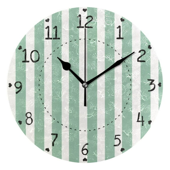 Mint Green Narrow Stripes Round Wall Clock Silent Analog Battery Operated Black Pointer Home Decor 9.84" Diameter