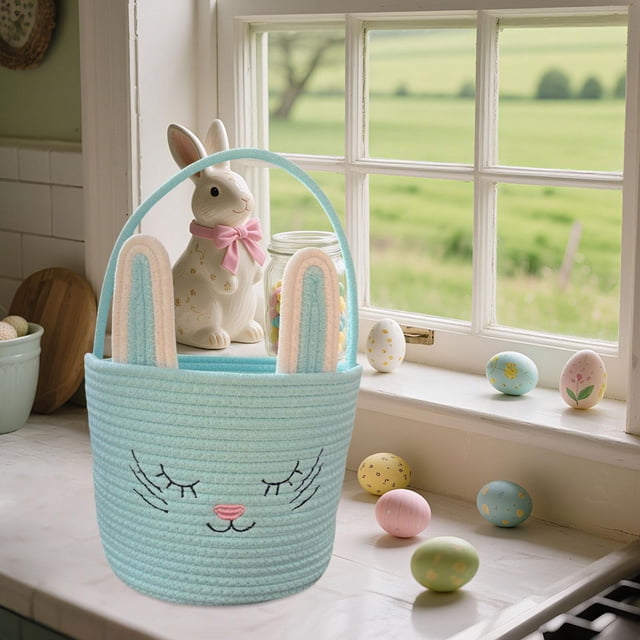 twisto Easter Woven Basket Bunny Ear Decorative Multipurpose Candy Storage Basket with Handle Soft Rope Material Portable Organizer Suitable for Easter Celebrations Family Gatherings Light Green