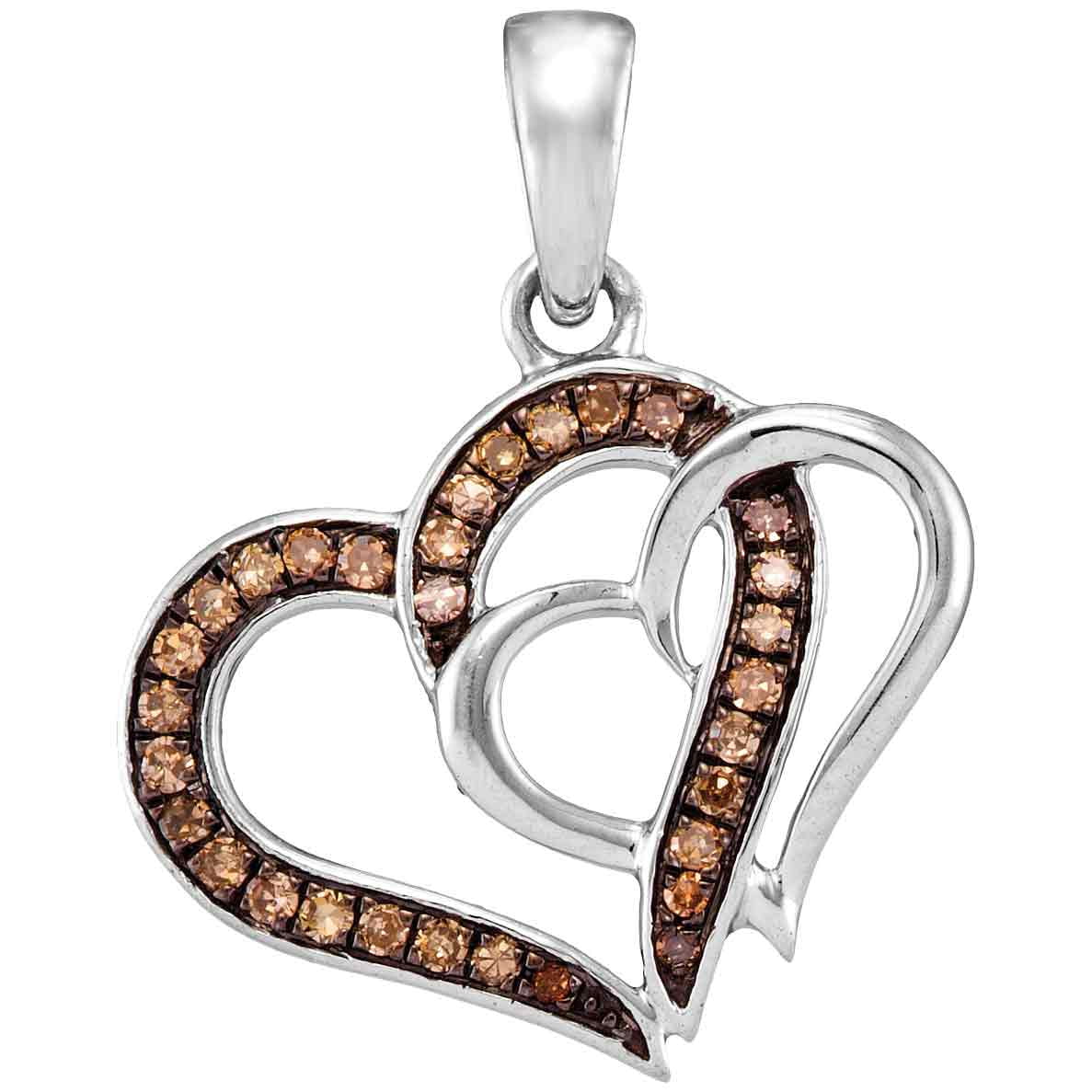 10kt White Gold Womens Round Cognac-brown Colored Diamond Double Linked Heart Pendant 1 4 Cttw by GND