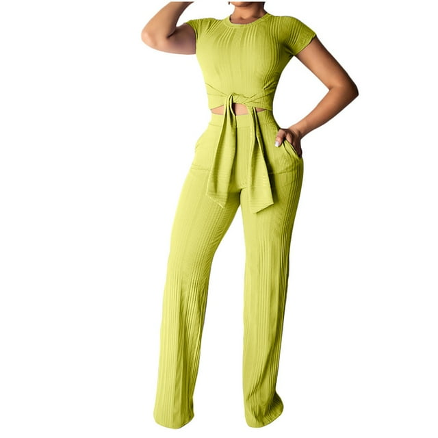 Womens Short Sleeve Ribbed Tie Up Crop Top Pockets Loose High Waist Long Pants Set 2 Piece Party Club Outfits Jumpsuits
