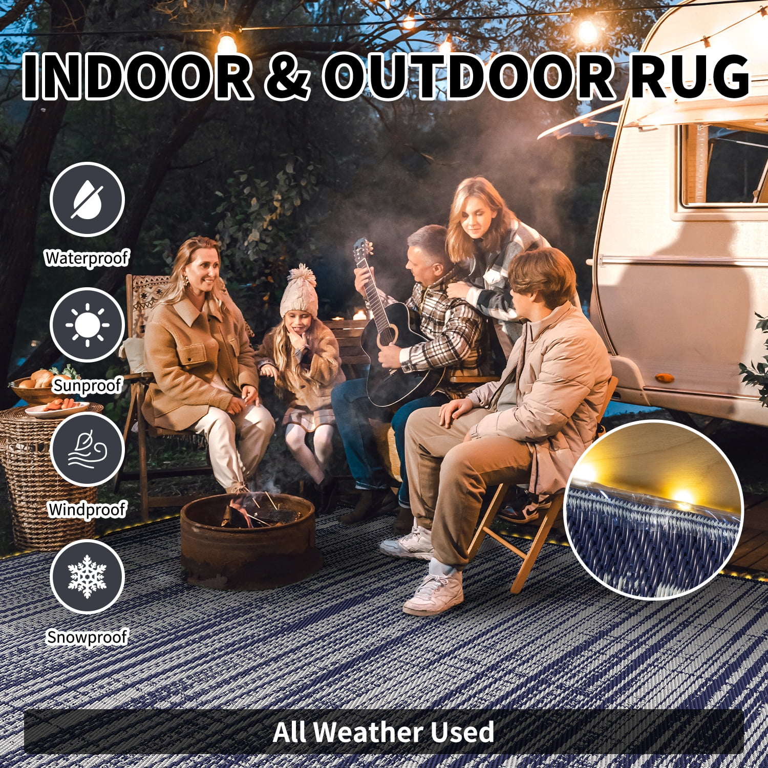 VUNATE Outdoor Rug with LED Strip Lights 8'x10' Waterproof Reversible Patio Rug Plastic Straw Lightweight Indoor Outdoor Rug for RV Camping Deck Balcony Boho Porch Decor Dark Blue and Gray