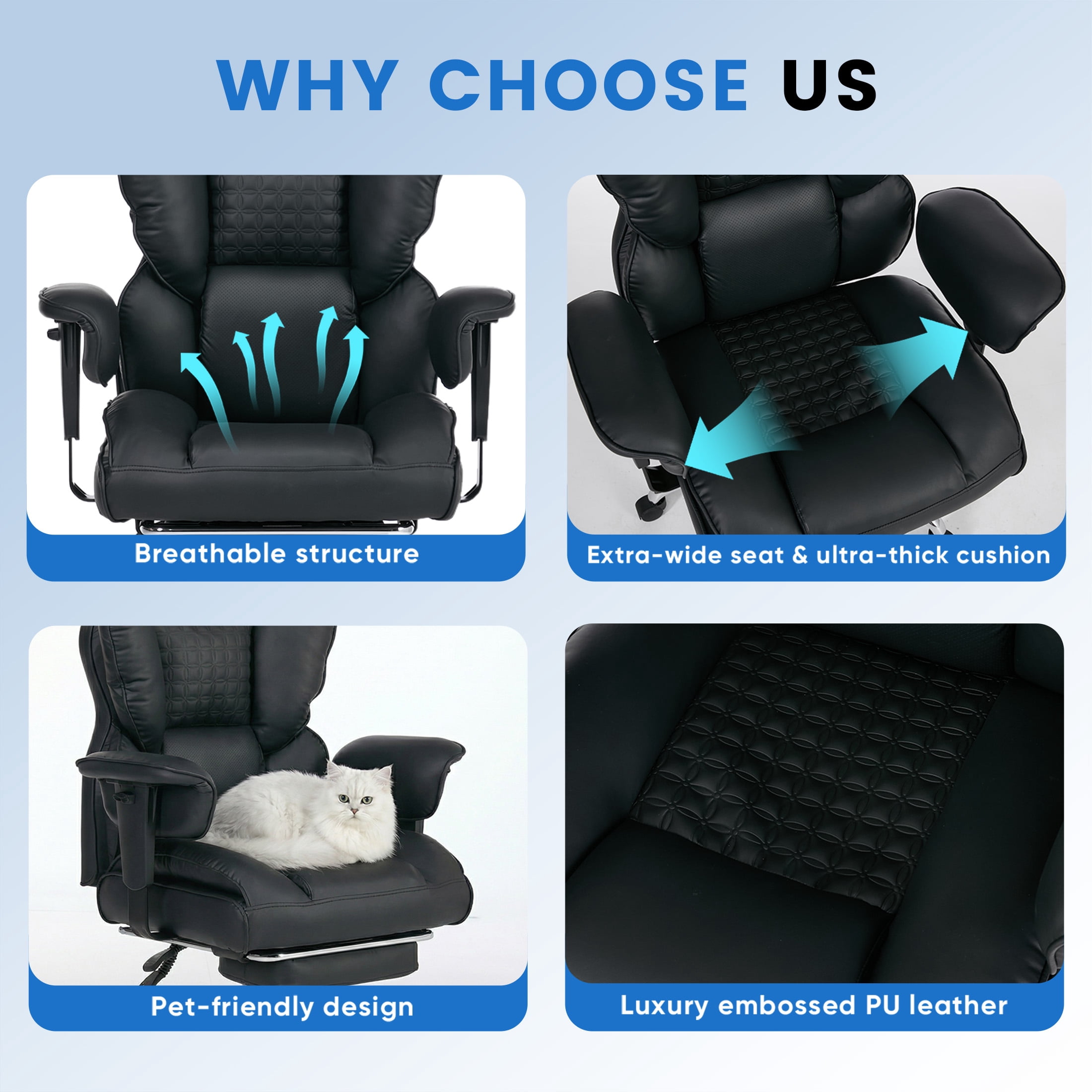 EDX Big and Tall Home Office Chair with Adjustable Armrests and Footrest,PU Leather Excutive Computer Chair with Wide Seat,Desk Chair with Ergonomic Lumbar Support,Black