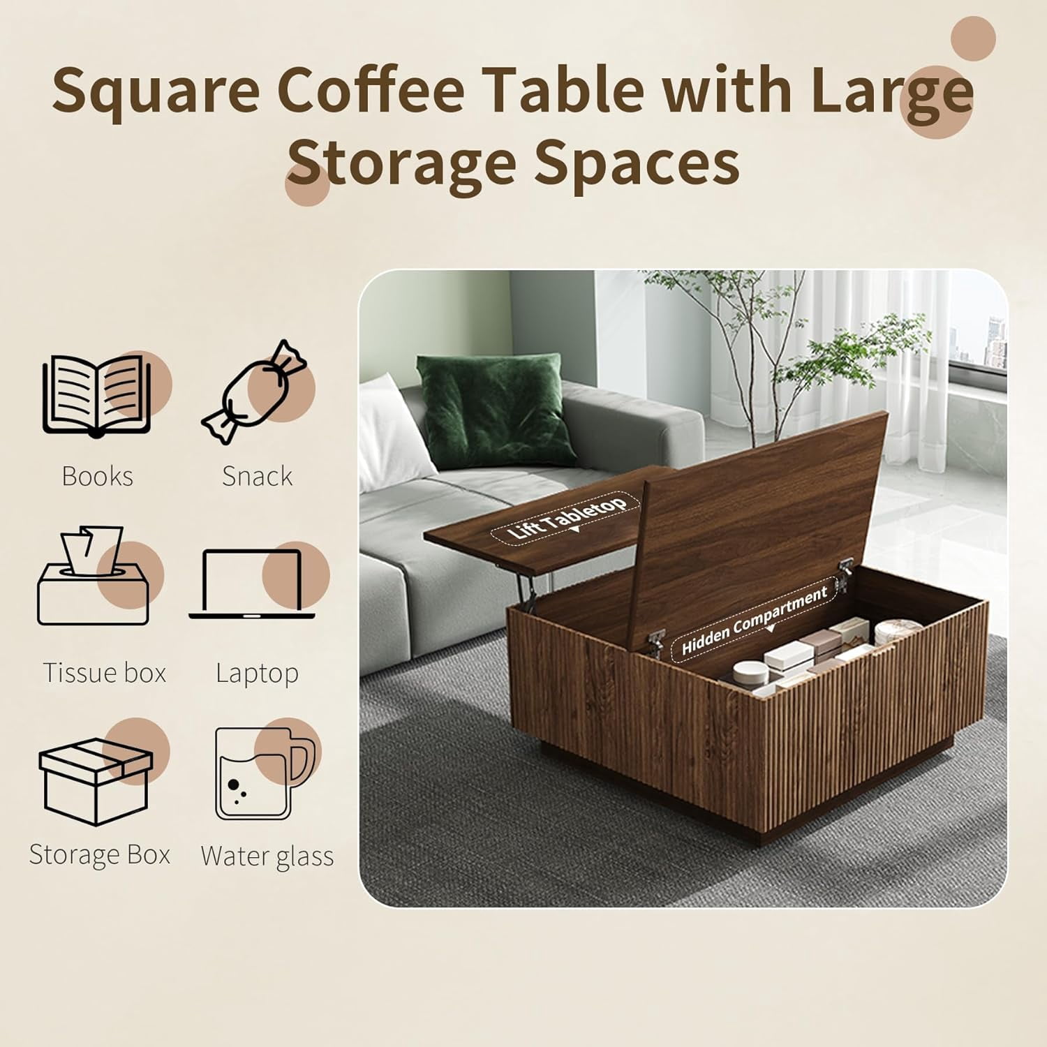 Lift Top  Wood Coffee Table with Hidden Storage Compartment for Living Room, 31-Inch Farmhouse Fluted Center Tea Table with Wooden Lift-Top for Home, Apartment, Small Space, Brown Walnut