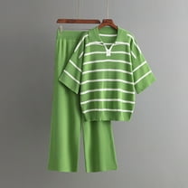 Itsame Womens 2 Piece Sets, Long Sleeve Knitted Stripe Tops Long Pants Sweater Outfits Green Free Size